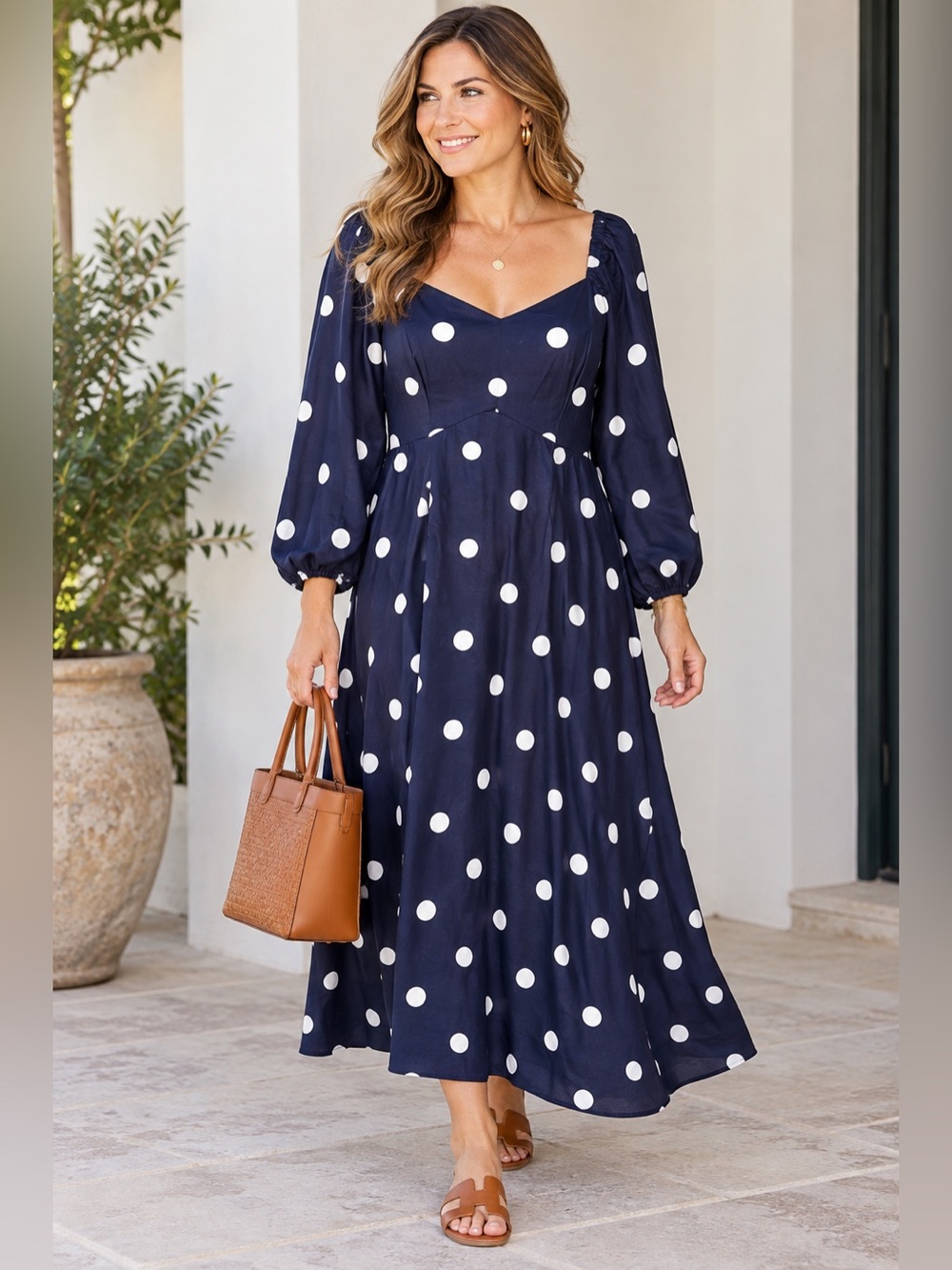 NWT Free Assembly Cotton Midi Dress Blue With White Polka Dots Sz Large